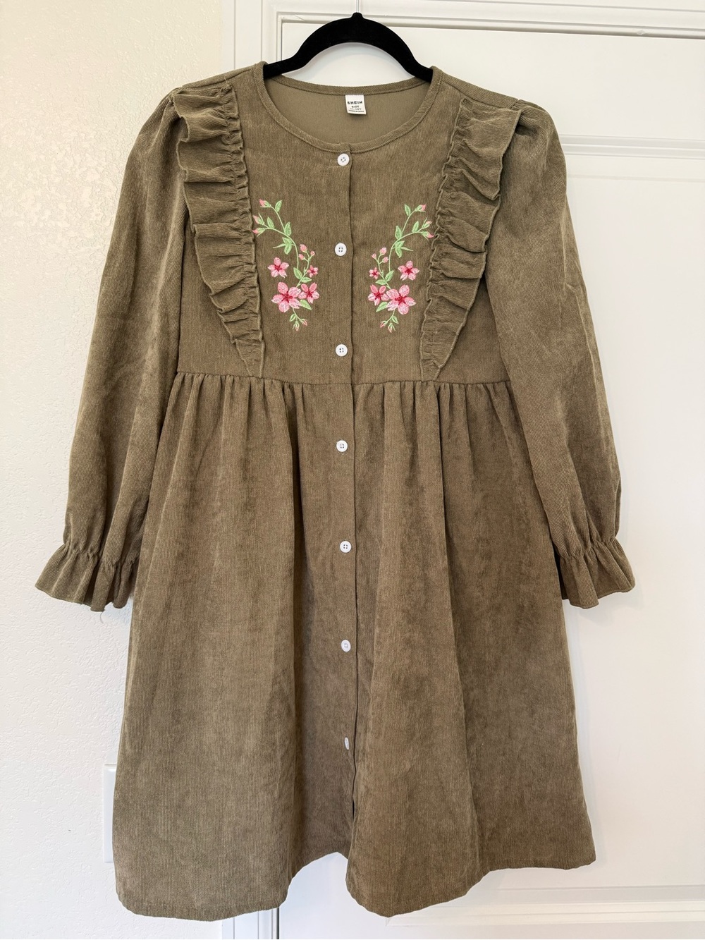 Girls Olive Corduroy Dress with Pink Floral Embroidery